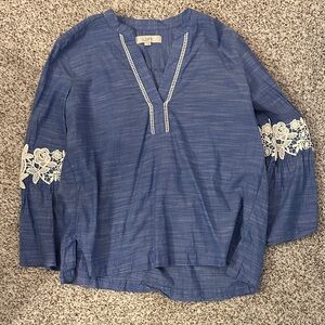 LOFT Blue Blouse with White Embroidery